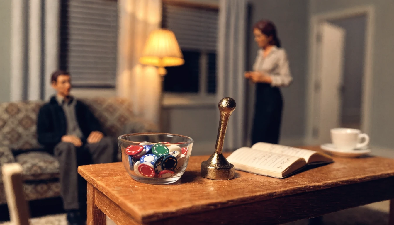 Gemütliches Wohnzimmer mit Spielchips und Kaffeetasse bei warmem Licht