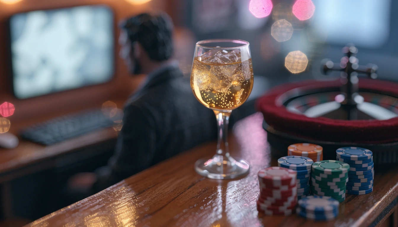 Modernes Casino-Lounge mit Spielchips und Roulette-Rad bei warmem Neonlicht