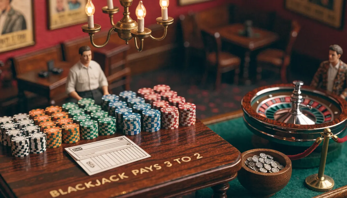 Stilvolles Casino-Loungebild mit Roulettetisch, Chips und Bonusmarken in warmem Licht