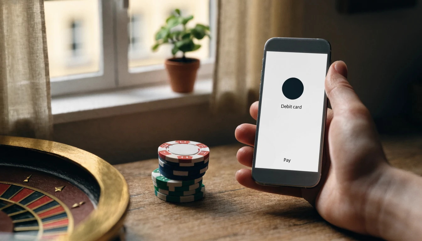 Hand mit Smartphone, Casino-Chips und Roulette auf einem Tisch bei Tageslicht