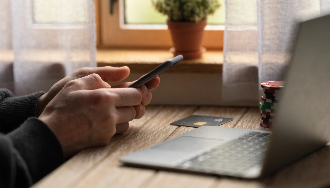 Hände halten ein Smartphone neben Casino-Chips und Laptop auf einem Tisch.