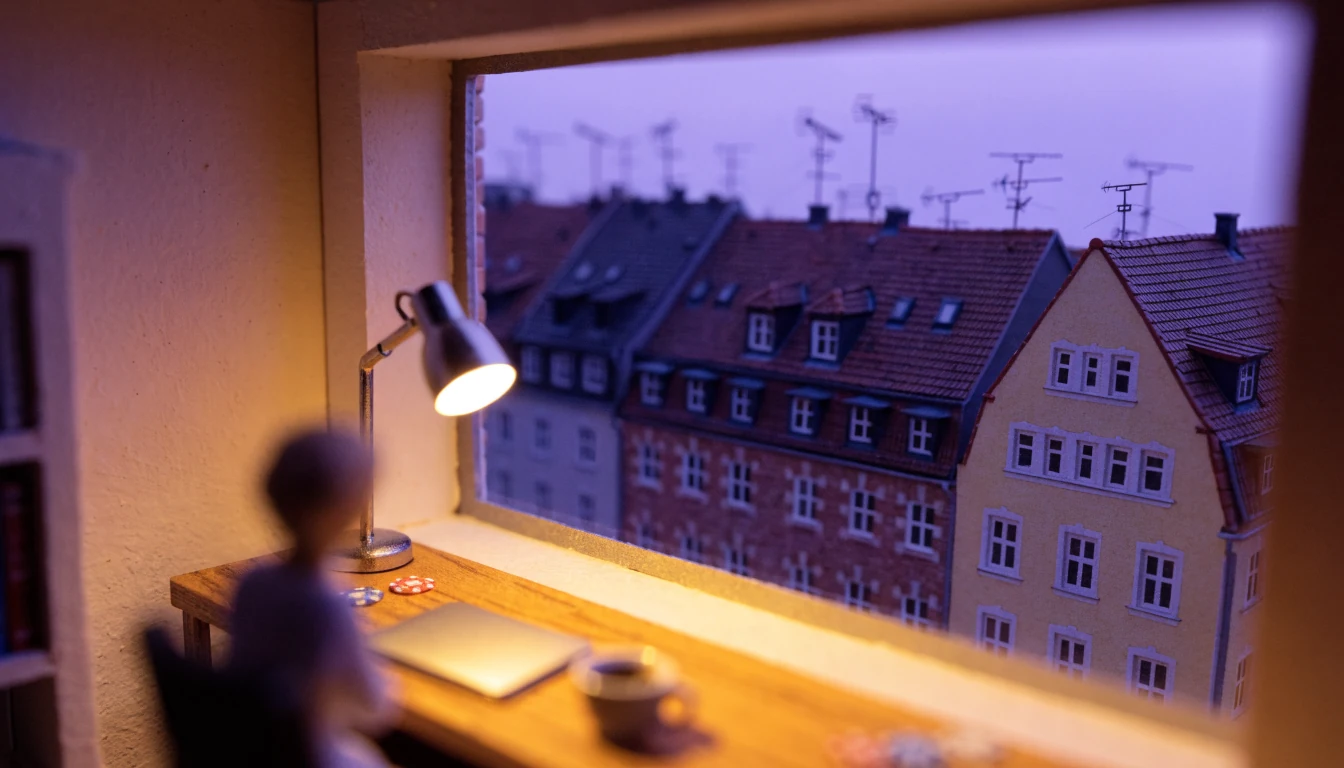 Deutscher Schreibtisch bei Dämmerung mit Laptop und Pokerchips