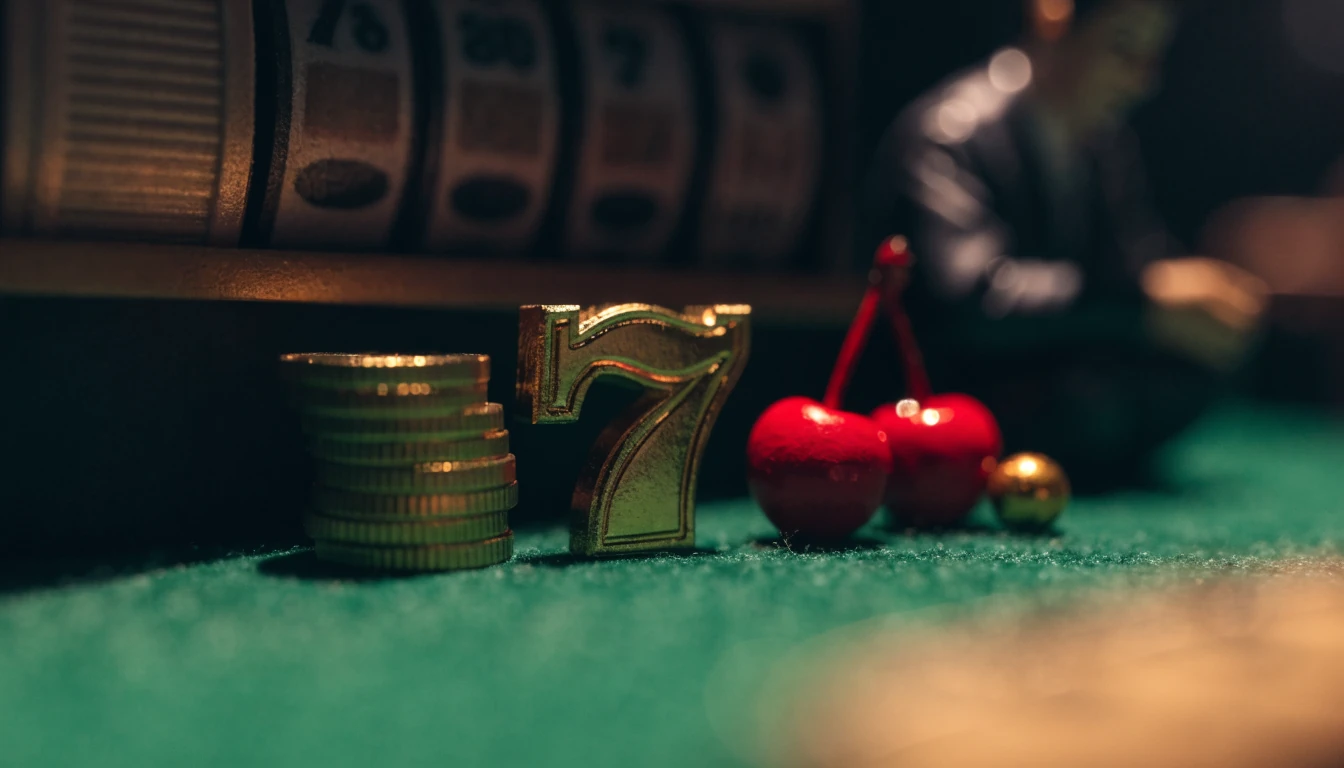 Goldmünzen, leuchtende Sieben und Spieltisch unter warmem Licht in Spielhalle