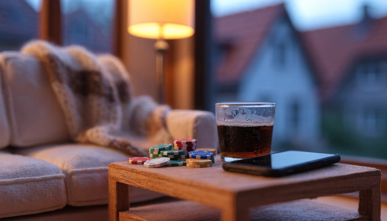 Smartphone mit abgewandtem Bildschirm, Casino-Chips und Bierglas auf einem Holztisch im deutschen Wohnzimmer bei warmem Abendlicht