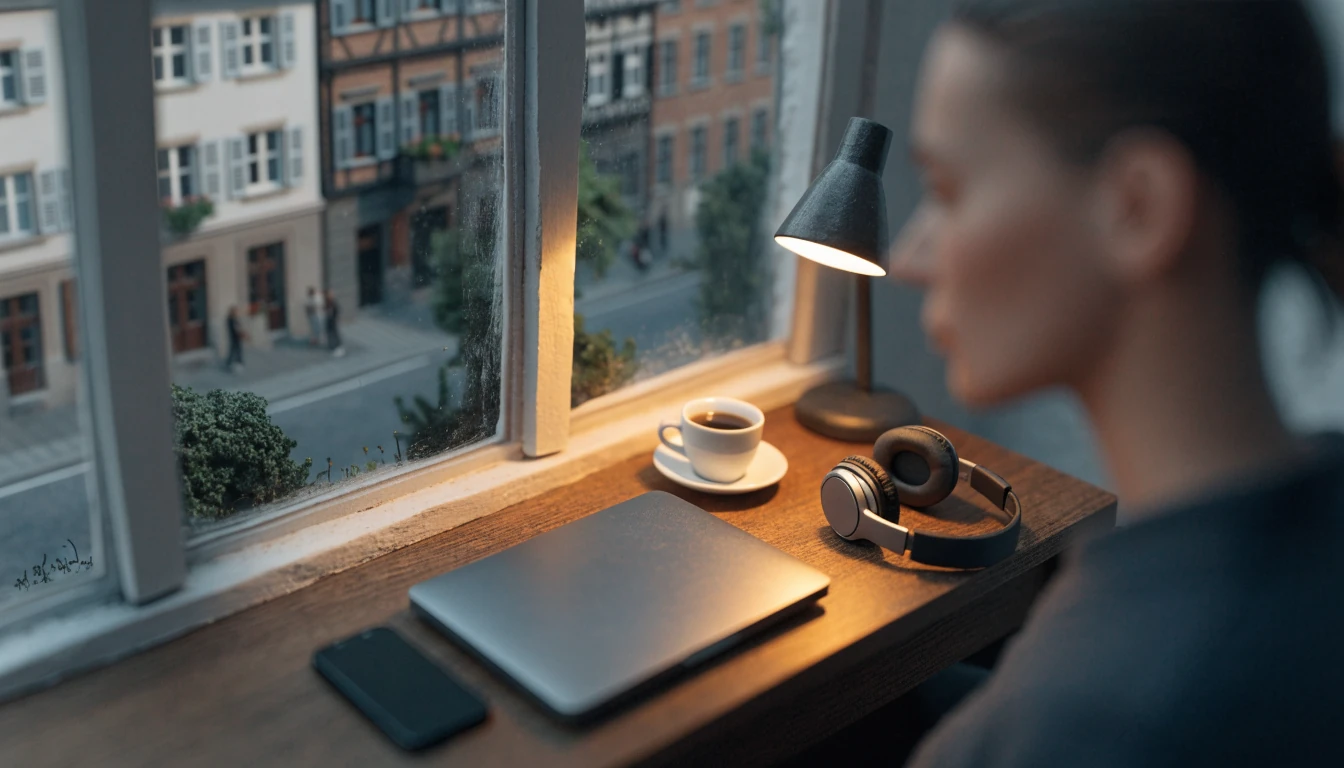 Moderner Arbeitsplatz mit Laptop und Smartphone in deutscher Wohnung bei Abendlicht.