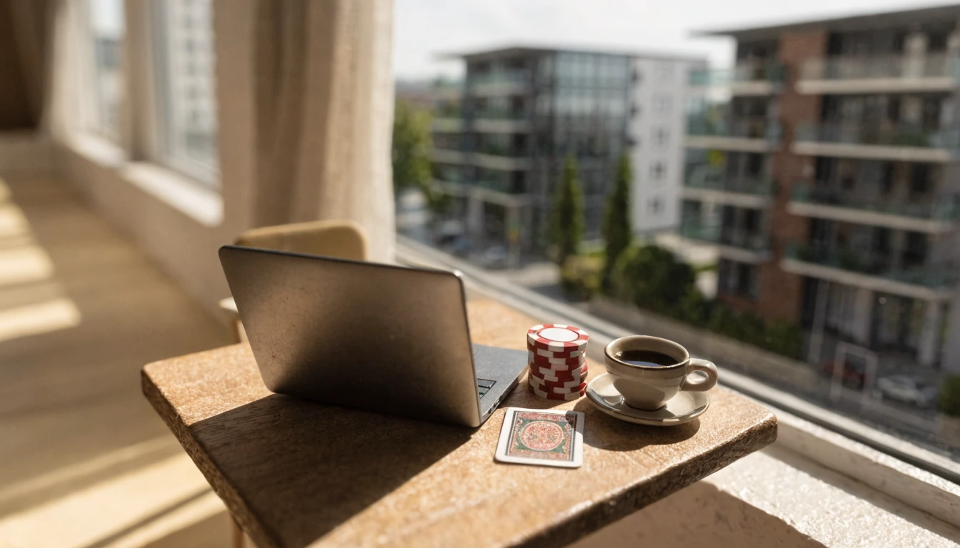 Moderner Laptop auf Holztisch mit Casino-Chips und Spielkarte in sonniger deutscher Wohnung