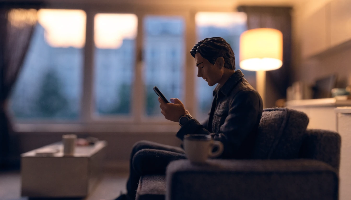 Junger Mann wartet mit Smartphone und Armbanduhr im Wohnzimmer