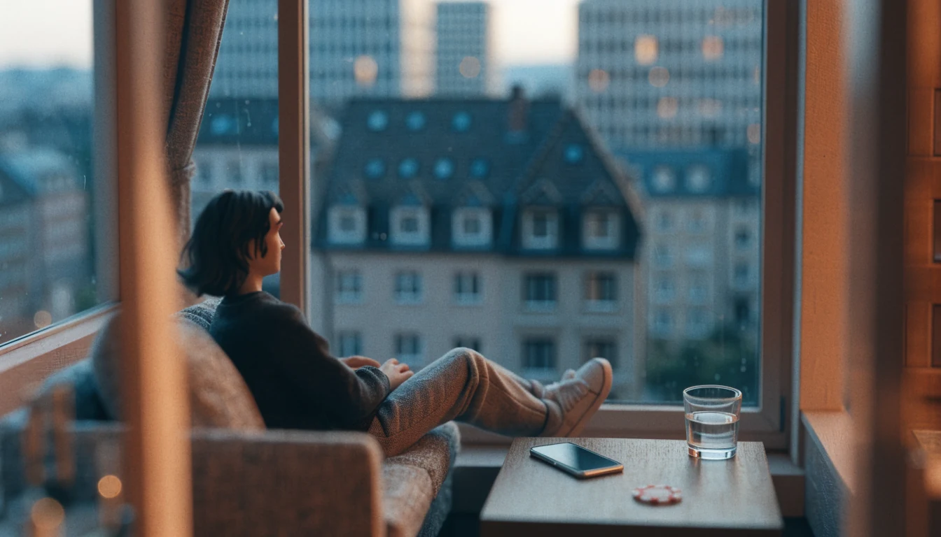 Abendlicher Blick aus einer deutschen Wohnung auf die Stadt, entspannte Atmosphäre.